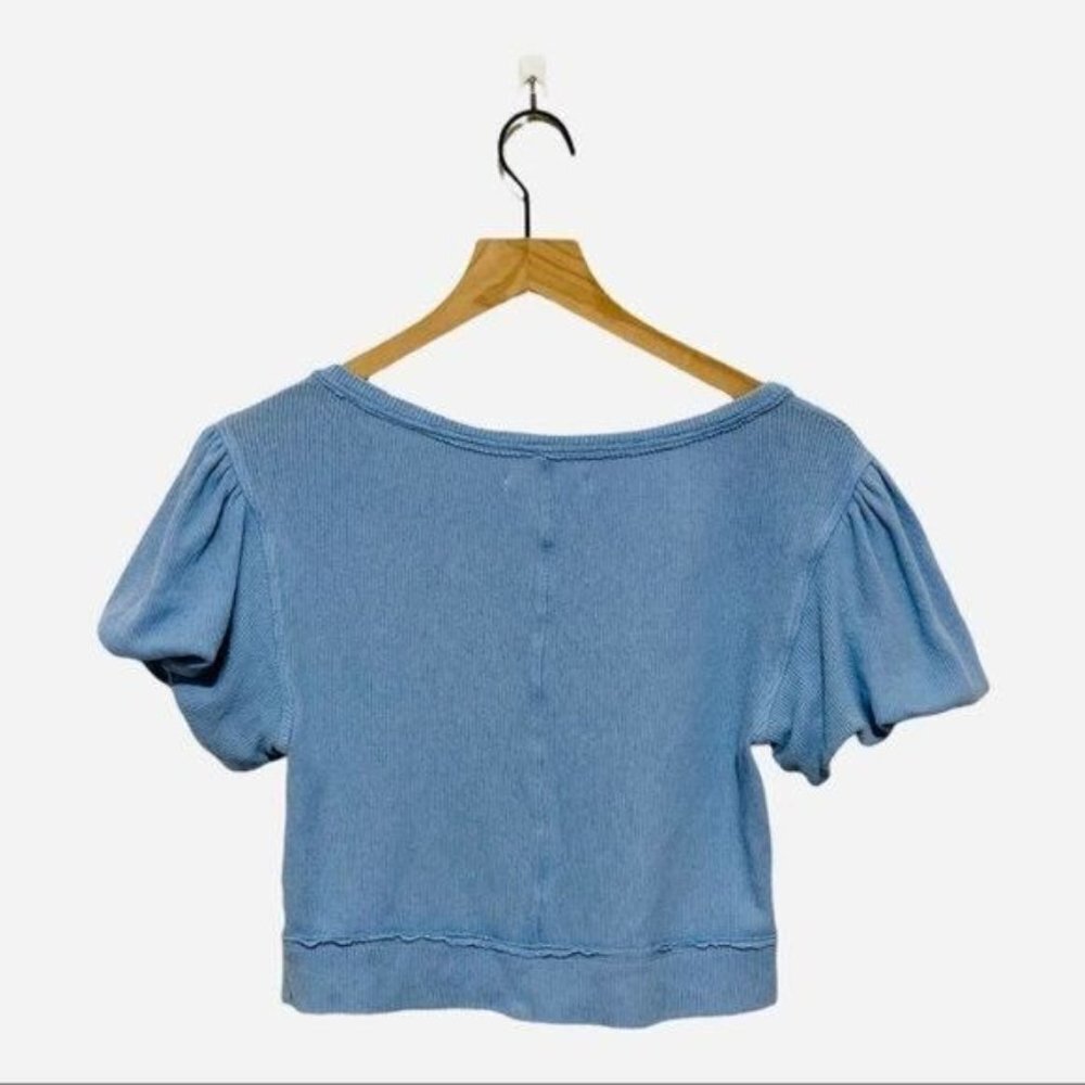 Free People We The Free Molly Ribbed Crop Top Blue Size S Puff Sleeve - Picture 4 of 10